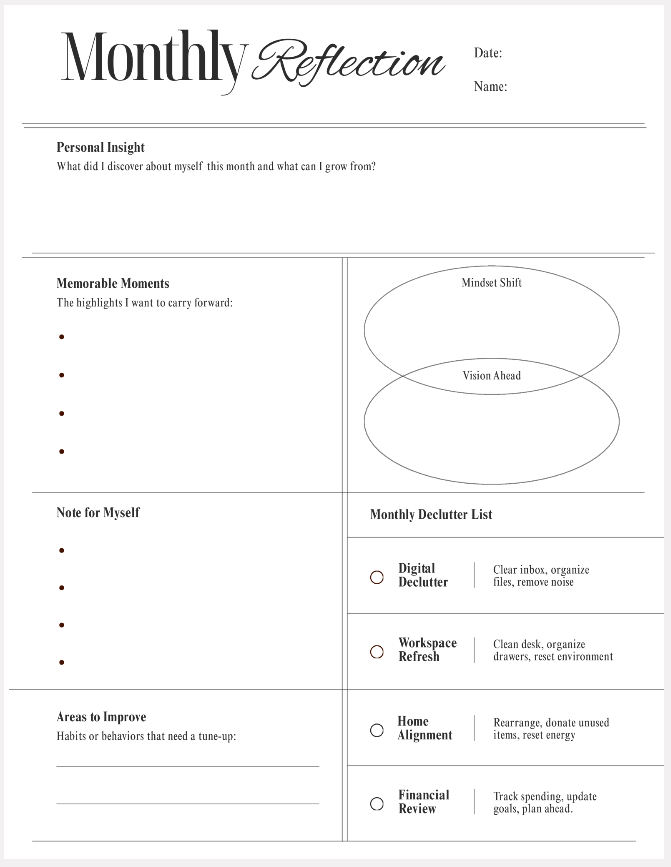 Monthly Reflection Worksheet 1 US letter portrait